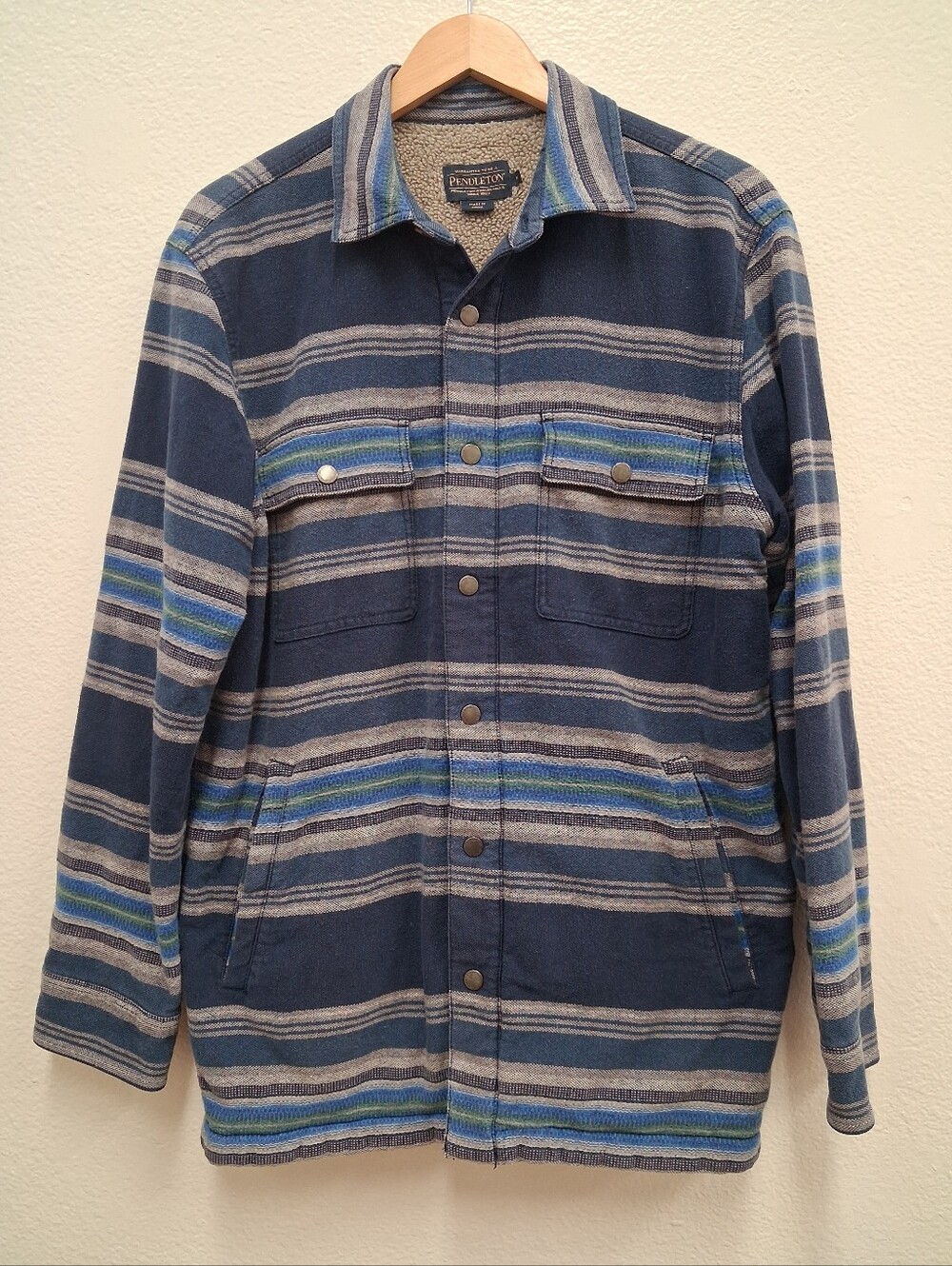 Pendleton Sherpa Fleece Lined Shirt Jacket Indigo Turquoise Stripe - Men’s M